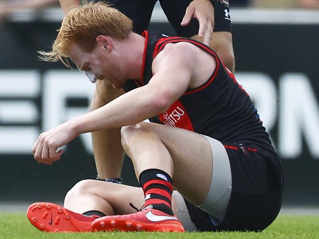 Aaron Francis had an injury scare in the Bombers’ clash with the Bulldogs. Picture: Getty Images