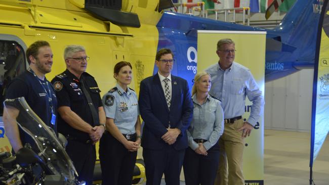 Talking about road safety are (from left) LifeFlight doctor Stephen Cremonini, QFD Assistant Commissioner Dave Hermann, QPS Assistant Commissioner Kath Innes, Toowoomba Mayor Geoff McDonald, QAS Assistant Commissioner Peta Thompson and Toowoomba North MP Trevor Watts at the launch of the Queensland Road Safety Week, at the Toowoomba LifeFlight base, on August 26, 2024.