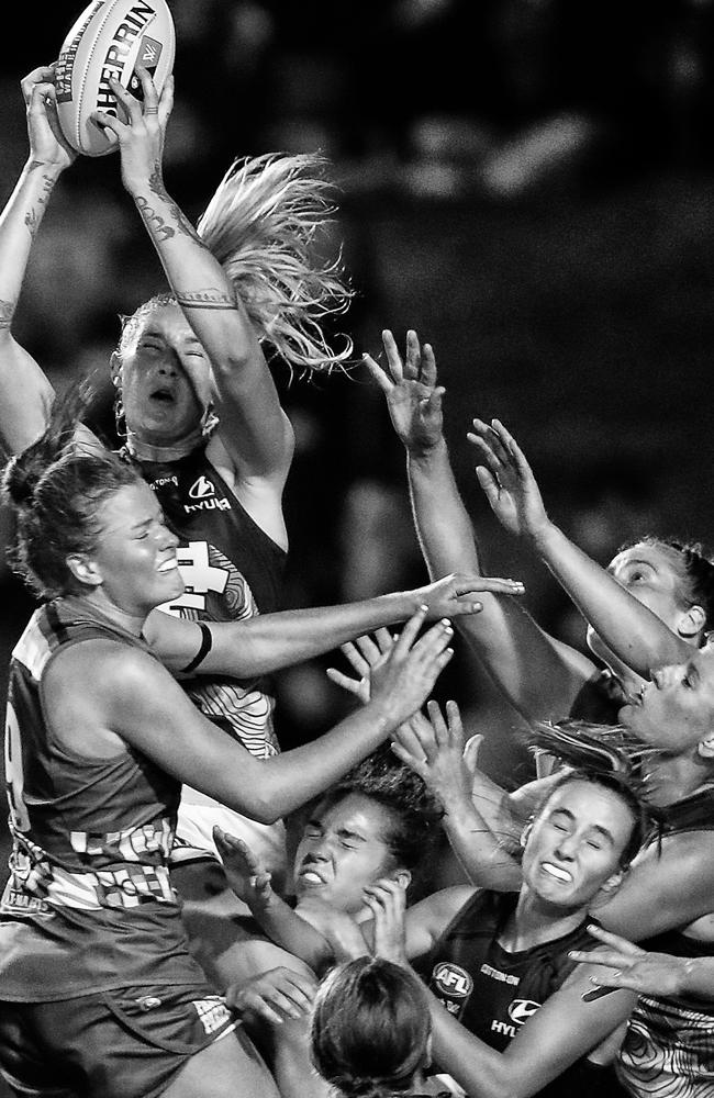 Carlton star Tayla Harris taking a spectacular mark against the Western Bulldogs earlier this year.