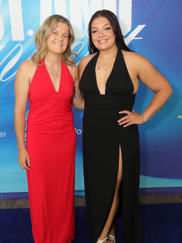 Geelong Cats’ AFLW best and fairest Blue Carpet arrivals at Kardinia Park — Geelong’s Brooke Plummer and Cat D’Couto. Picture: Mark Wilson