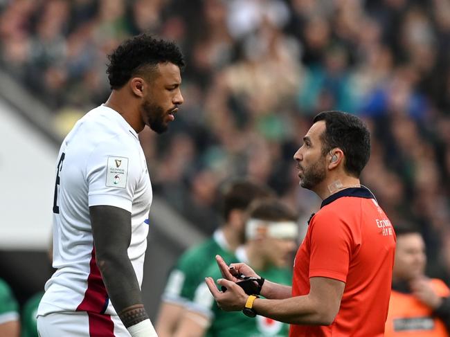 LONDON, ENGLAND - MARCH 12: Courtney Lawes of England speaks to Referee Mathieu Raynal after a red card for Charlie Ewels (not pictured) during the Guinness Six Nations Rugby match between England and Ireland at Twickenham Stadium on March 12, 2022 in London, England. (Photo by Shaun Botterill/Getty Images)