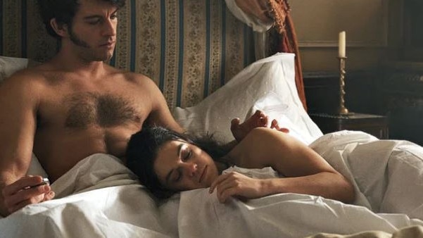 In any given sex scene, there are actually three in the bed: two actors and a half-inflated netball. Picture: Netflix/Bridgerton