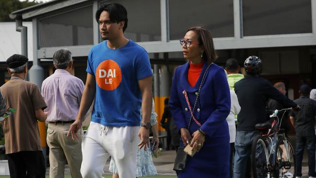 Federal Member for Fowler Dai Le with her son Ethan on election day 2025. Picture: Jane Dempster