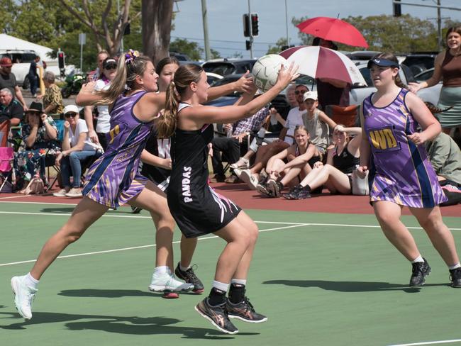 Ipswich netball  action in the 14/15 years Division 2 grand final between Rebels 9 and Pandas 9 at the Doris Howes courts. Picture: Gary Reid