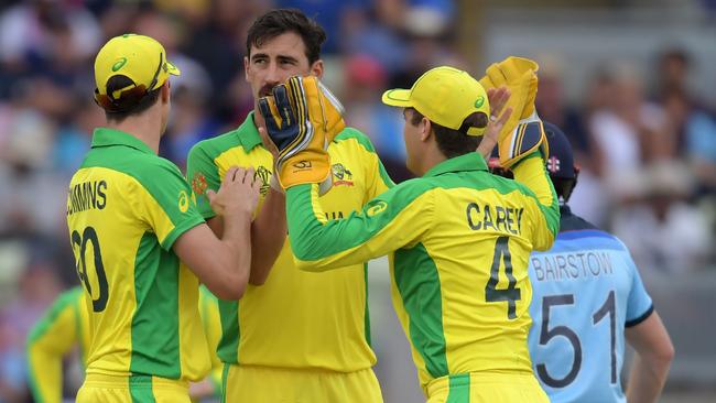 Australia's Mitchell Starc (C) took a tournament-high 27 wickets. Picture: AFP