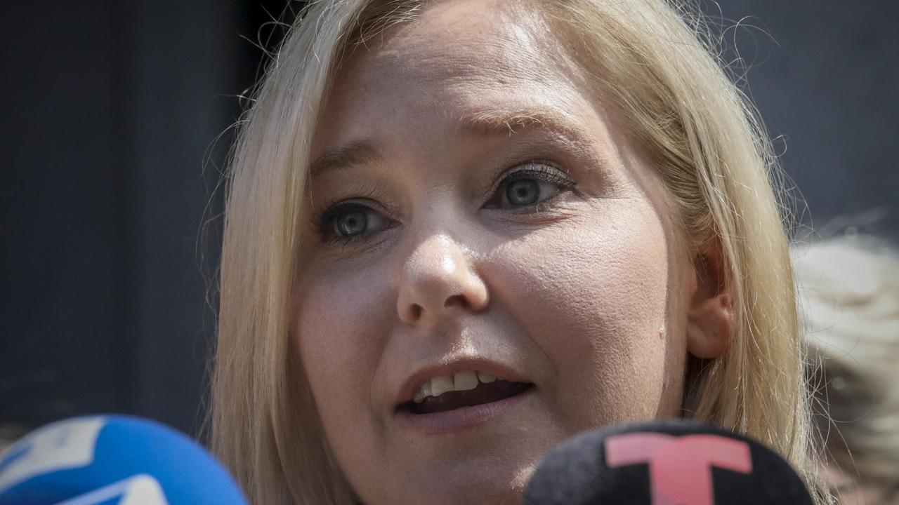 Virginia Roberts Giuffre, a sexual assault victim, speaks during a press conference outside a Manhattan court. Picture: AP /Bebeto Matthews.