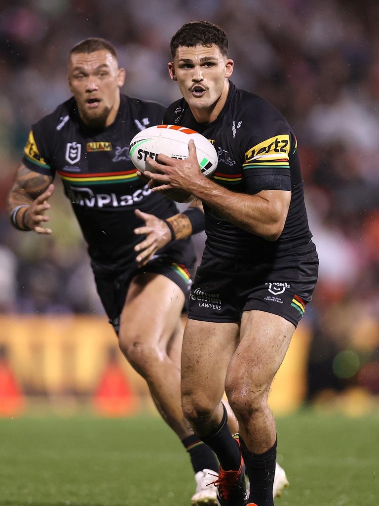 Nathan Cleary runs the ball during the round 10 NRL match between Penrith Panthers and Canterbury Bulldogs at BlueBet Stadium on May 10, 2024, in Penrith, Australia. Picture: Jason McCawley/Getty Images.