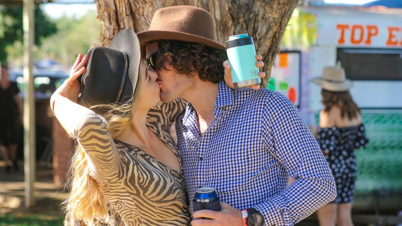 Bridee Peters and Mitchell Coptey celebrate their 6th anniversary  at the 2021 Adelaide River Races. Picture: Glenn Campbell.