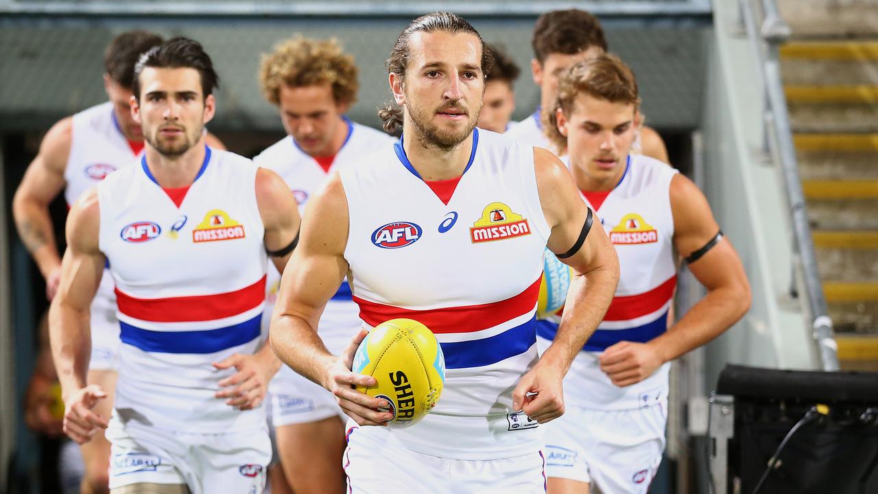 Marcus Bontempelli leads out the Western Bulldogs. Picture: Jono Searle/AFL Photos/via Getty Images