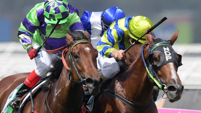 I Am A Star ridden by Dean Yendall (left) beats Ellicazoom ridden by Steven Parnham to win the TAB Kewney Stakes on Super Saturday at Flemington Racecourse, in Melbourne, Saturday, Mar. 11, 2017. (AAP Image/Tracey Nearmy) NO ARCHIVING