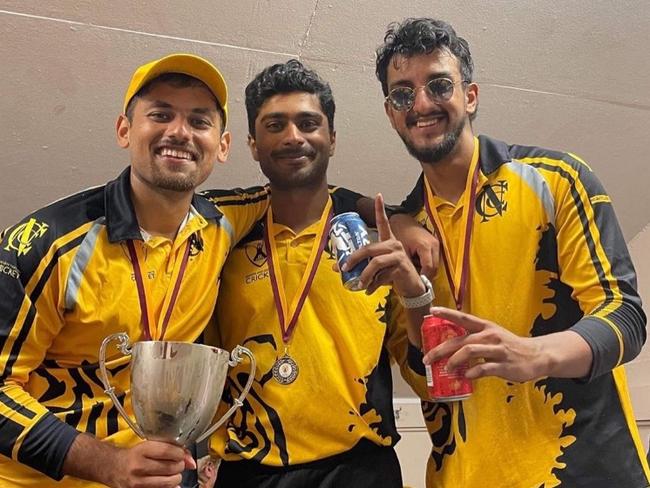 Nightcliff Cricket Cricket players (from left) Param Uppal, Raveesh Srivastava and Mansukh Singh celebrate winning the T20 title. Picture: Contributed.