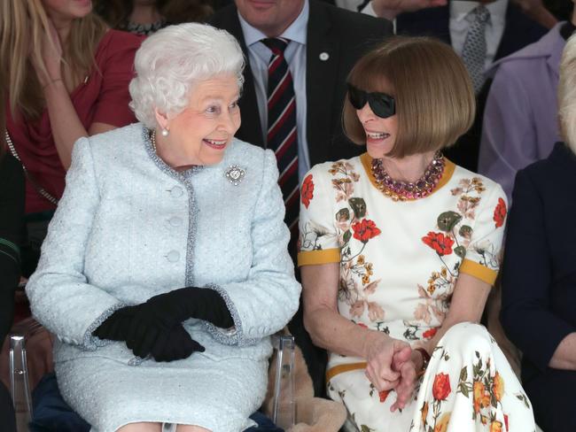 The Queen with Anna Wintour at London Fashion Week in 2020. Picture: Getty Images