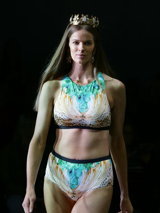 Robyn Lawley walking in the Aqua Blu Fashion Show at Mercedes-Benz Fashion Week Australia held at Carriageworks in Eveleigh. Picture: Jonathan Ng