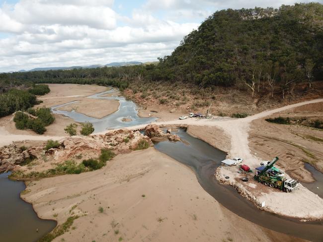 Geotechnical drilling under way on the Burdekin River north of Charters Towers which is where Hells Gate Dam will be located.