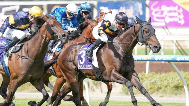 Here To Shock holds off stablemate Arkansaw Kid in The Supernova at Pakenham. Picture: Scott Barbour/Racing Photos via Getty Images