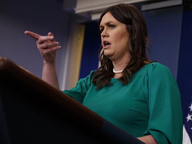 White House press secretary Sarah Huckabee Sanders defedns Melania during the press briefing at the White House. Picture: AP