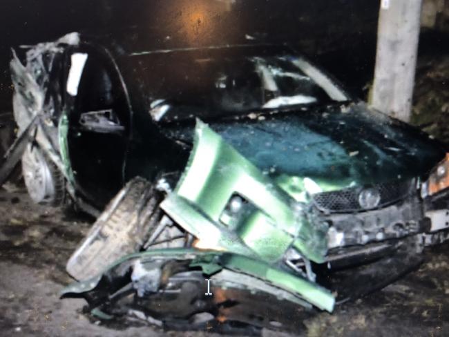 The wreckage of the Holden Commodore that Barney Wakes-Miller, 17, of Oxford Falls was fatally injured in when it crashed at Elanora Heights in July, 2020. Picture: Supplied