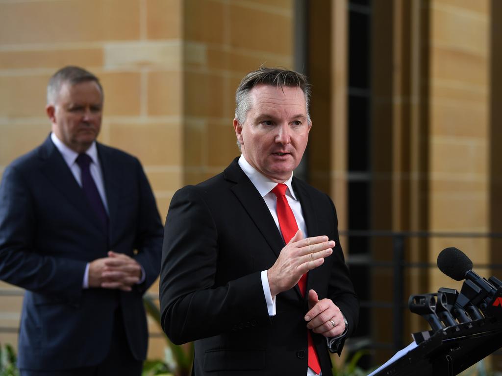 Leader of the Opposition Anthony Albanese (left) and Shadow Minister for Health Chris Bowen speak to the media during a press conference in Circular Quay, Sydney. Picture: Joel Carrett