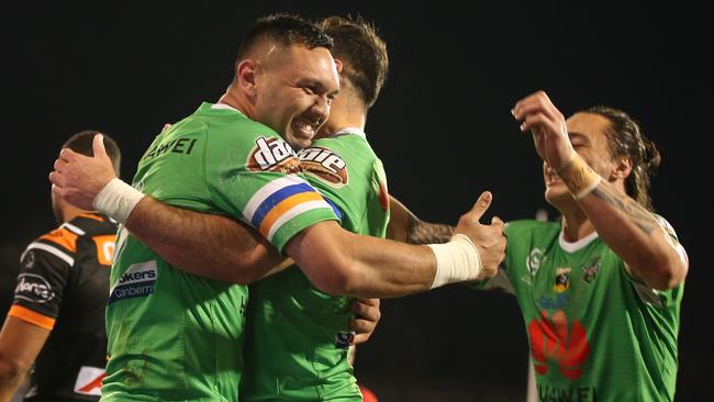 Jordan Rapana celebrates a try for the Raiders against the Tigers. Picture: Mark Evans/Getty Images