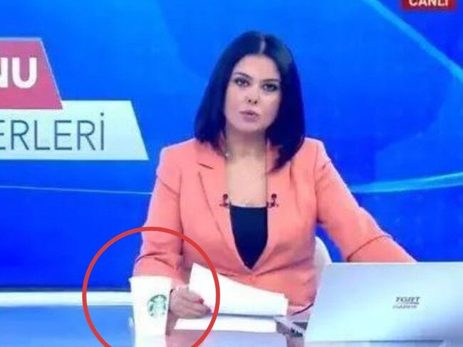 TV news anchor fired for appearing on camera with ‘pro-Israel’ Starbucks coffee cup. Picture: TGRT Haber