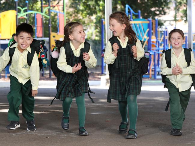 Pictured at Enfield Public School in Sydney are Louis Ninh, Audrey Head , Orla Buckingham and Ethan White on their first day back at school following the temporary home schooling time due to Covid-19 restrictions.Picture: Richard Dobson