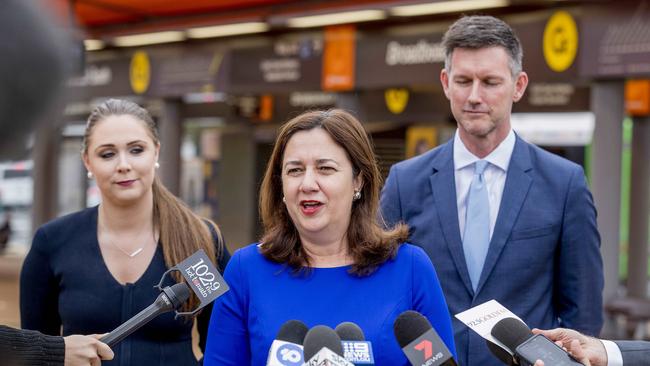 Queensland Premier Annastacia Palaszczuk at press conference with Meaghan Scanlon and Mark Bailey. Picture: Jerad Williams