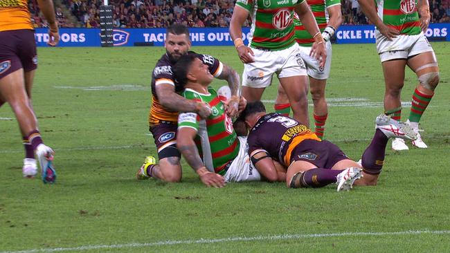 Latrell Mitchell and Adam Reynolds got into a minor scuffle after the latter accused the Rabbitohs star of a headbutt. Picture: Supplied