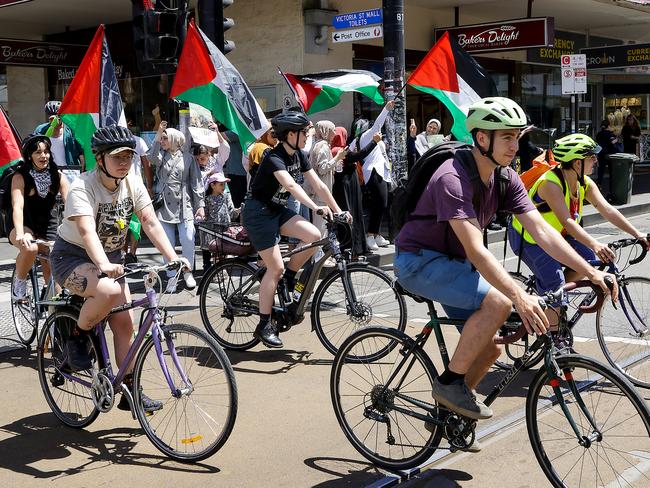 People rally on the streets along Sydney Road Coburg, for a Free Palestine as the war continues in Gaza between Israel and Hamas. Picture: Ian Currie