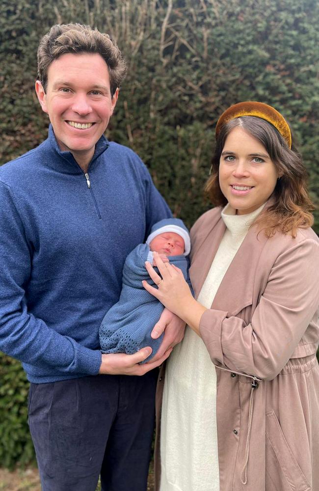 Princess Eugenie and Jack Brooksbank with their son August Philip Hawke Brooksbank, who was born in February. Picture: Princess Eugenie and Jack Brooksbank via Getty Images