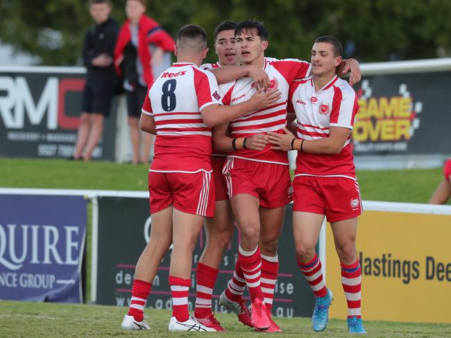 Langer Cup: PBC host St Mary's Toowoomba at Burleigh Bears Rugby League Club at Pizzey Park Miami. PBC's Ryan Rivett is conratulated by team mates after scoring the first try.  Picture Glenn Hampson