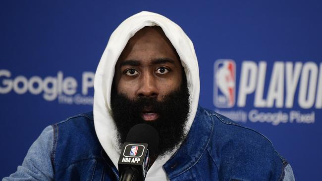 BOSTON, MA - MAY 9: James Harden #1 of the Philadelphia 76ers talks to the media after the game against the Boston Celtics during the Eastern Conference Semi Finals of the 2023 NBA Playoffs on May 9, 2023 at the TD Garden in Boston, Massachusetts. NOTE TO USER: User expressly acknowledges and agrees that, by downloading and or using this photograph, User is consenting to the terms and conditions of the Getty Images License Agreement. Mandatory Copyright Notice: Copyright 2023 NBAE  (Photo by Brian Babineau/NBAE via Getty Images)