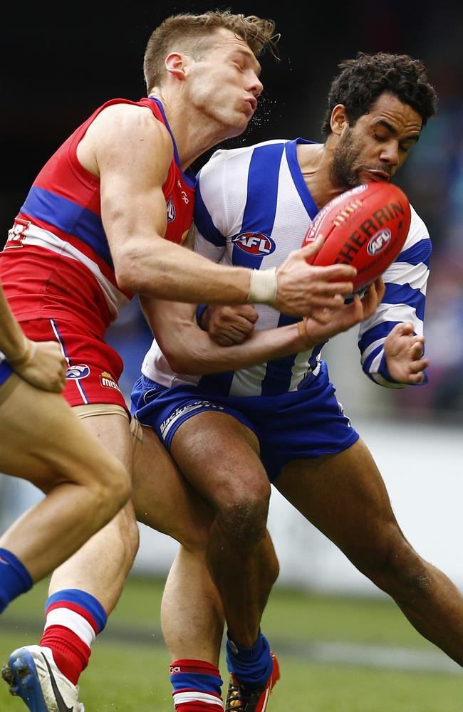 Kangaroo Daniel Wells suspended for this bump on Shaun Higgins. Picture: Michael Klein