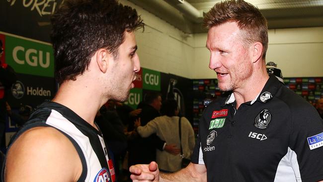 Nathan Buckley celebrates the win with Josh Daicos. Pic: Getty Images