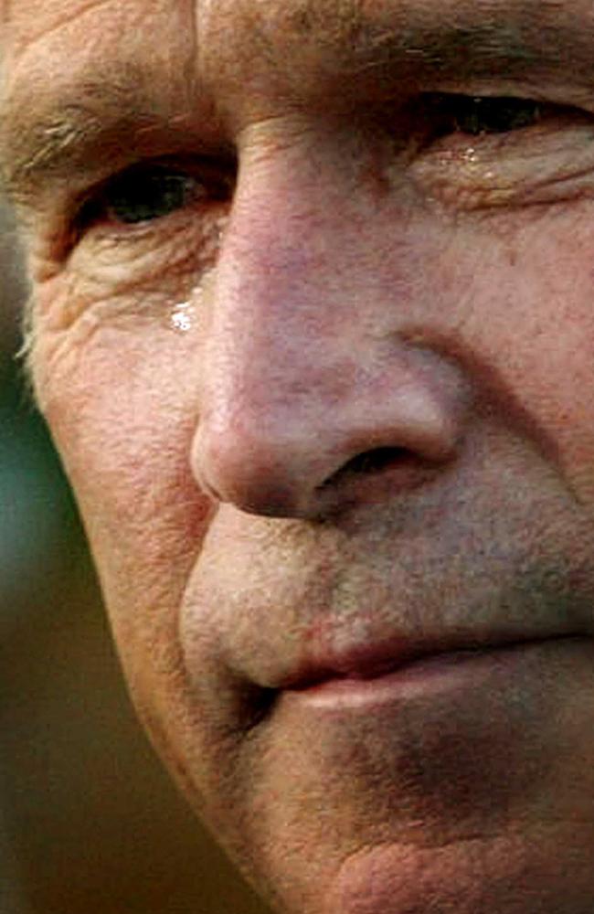 George W Bush, with tears in his eyes, meets with family members of those killed in the World Trade Centre collapse on the first aniversary in 2002.