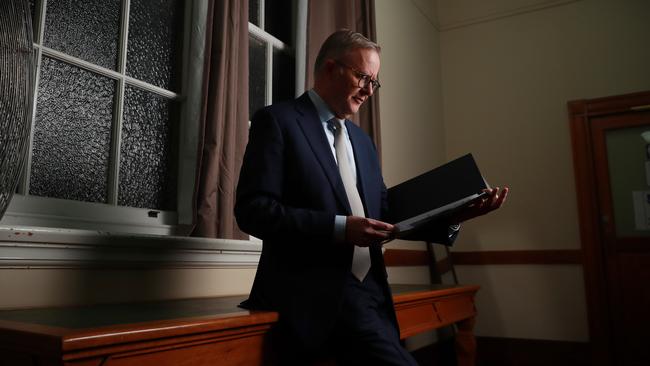 Prime Minister Anthony Albanese checks his notes before attending a civic reception at Marrickville Town Hall. Picture: John Feder