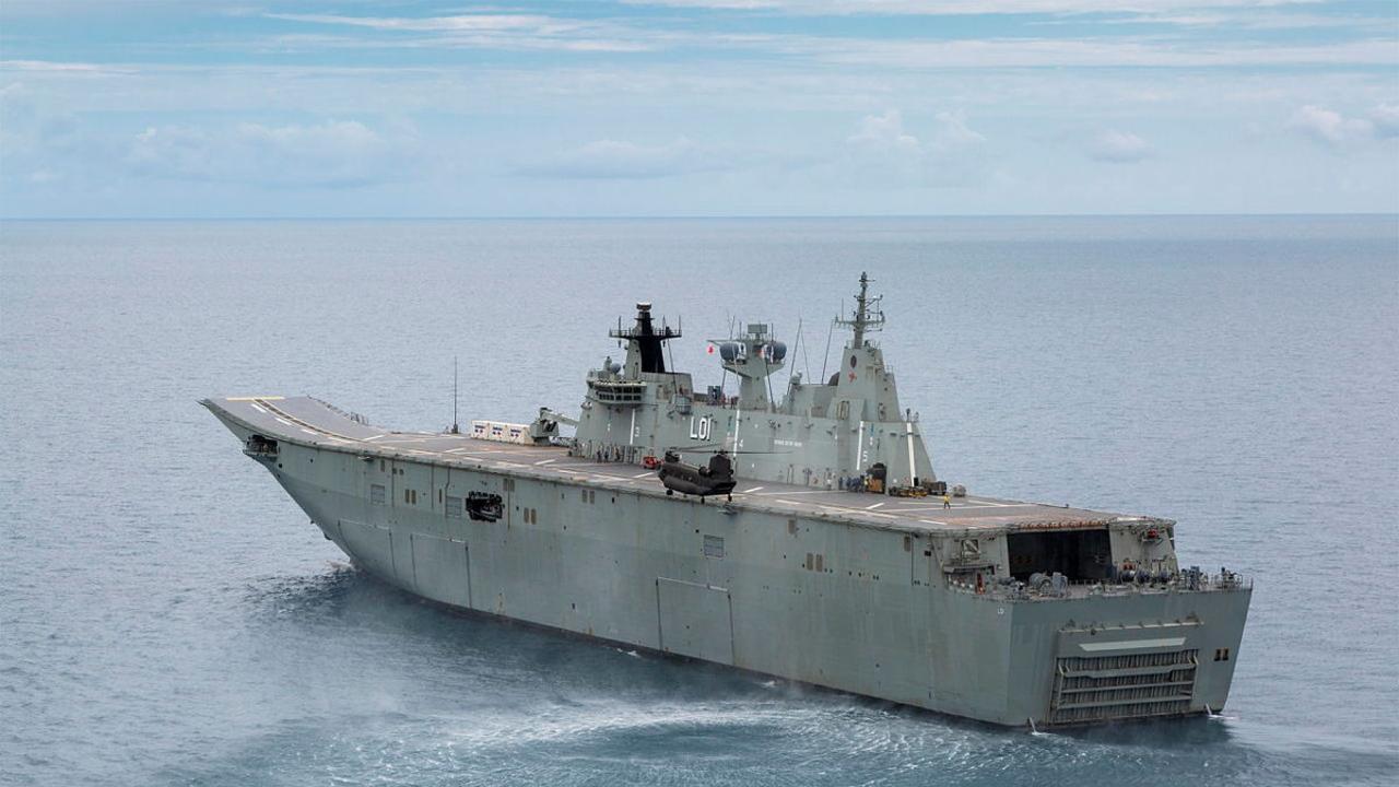 Republic of Singapore Air Force CH-47 Chinook Helicopter landing onboard HMAS Adelaide during Exercise Sea Wader 2020 off the coast of Townsville, Queensland. Picture: Defence Dept