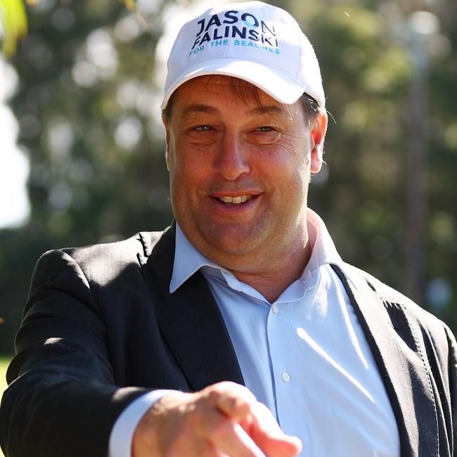 Liberal MP for Mackellar Jason Falinski speaks to voters at a pre-polling centre in Warriewood on Wednesday. Picture: Mark Metcalfe/Getty Images