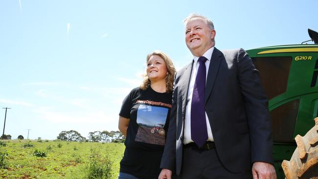 Anthony Albanese and the State Labor Candidate for Tweed, joins local farmer Hayley Paddon in Cudgen to discuss the Nationals' plan to build a new hospital. pic Scott Powick