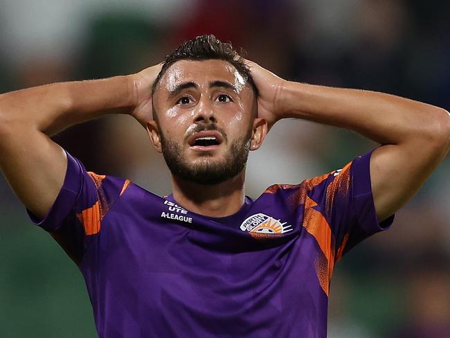 PERTH, AUSTRALIA - DECEMBER 08: Jarrod Carluccio of the Glory looks on during the A-League Men round seven match between Perth Glory and Melbourne City at HBF Park, on December 08, 2023, in Perth, Australia. (Photo by Paul Kane/Getty Images)