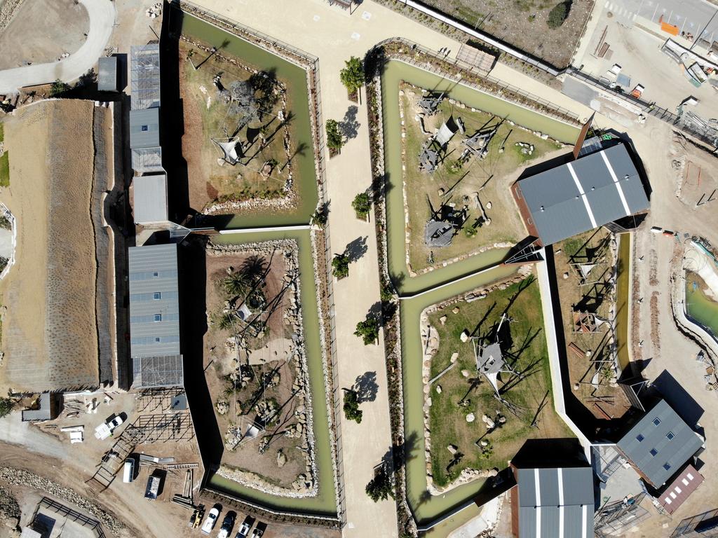 First look at the lion and cheetah enclosures inside Sydney Zoo in Bungarribee in Sydney's west, the first zoo to open in Sydney in over 100 years. An aerial view over the primates exhibit including chimpanzee, gorilla, baboon, orangutan and capuchins. Picture: Toby Zerna