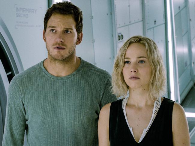Jennifer Lawrence and Chris Pratt in a scene from the film Passengers.