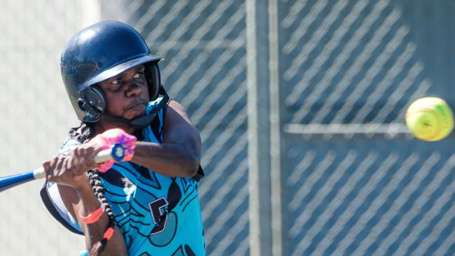 Annette Lantjin of the Wadeye Magicagainst the Kalarno Bombers in a weekend of Music, Sport and Culture at the Barunga Festival. Picture Glenn Campbell