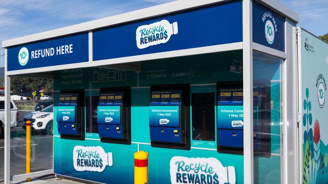 Tasmania’s long-awaited container deposit scheme is a step closer to becoming a reality after its first “reverse vending machine” was officially unveiled. Picture: Alastair Bett