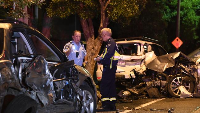 The single car crashed at high speed into at least four parked cars. Picture: Gordon McComiskie