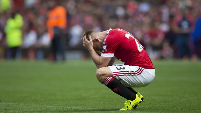 Manchester United's Luke Shaw reacts after his team's scoreless draw.