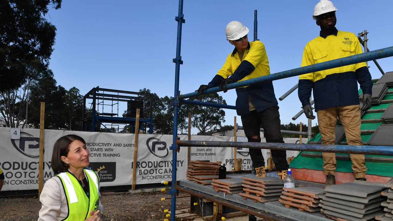 Premier Gladys Berejiklian meets with construction industry trainees during a visit to the Productivity Bootcamp. Picture: AAP