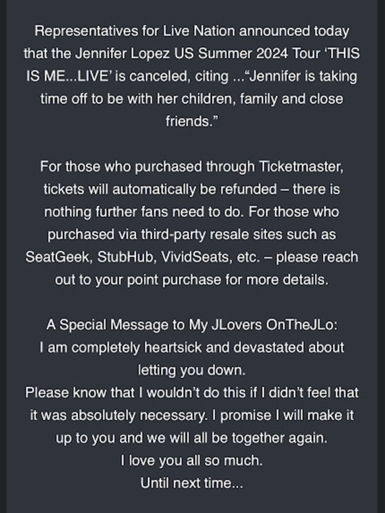J Lo's email to fans.