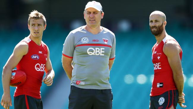 Sydney coach John Longmire with co-captains Kieren Jack and Jarrad McVeigh.