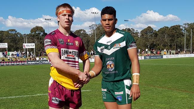 Glenmore Park captain Jack Ewer (L) and St Marys captain Henry Neemia before extra time. Picture: Steve Montgomery