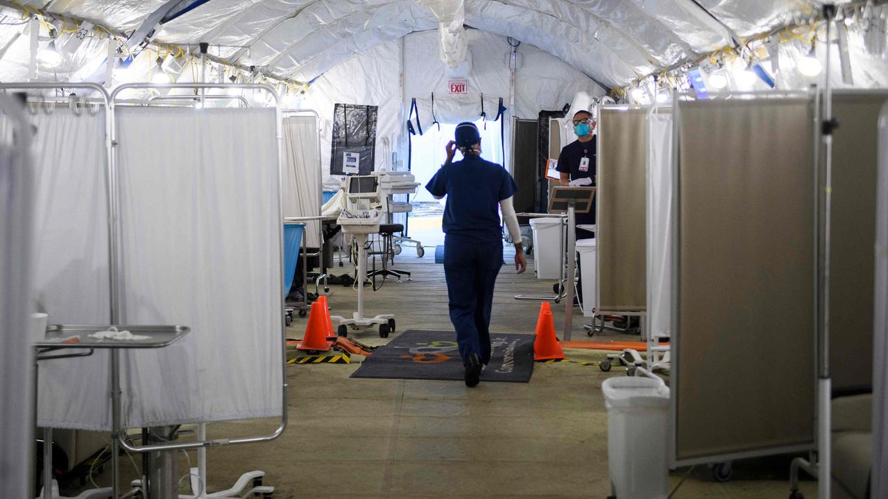 Inside a pop-up field hospital in the car park of a hospital in Los Angeles, as the new UK strain of COVID-19 tears through the United States. Picture: AFP